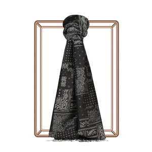 Black Patchwork Patterned Silk Scarf - Thumbnail