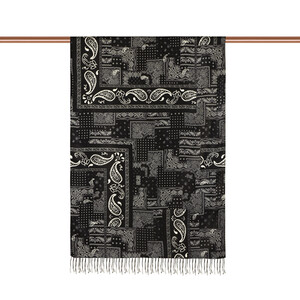 Black Patchwork Patterned Silk Scarf - Thumbnail