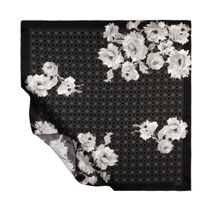 Black Peony Monogram Print Silk Twill Scarf - Thumbnail