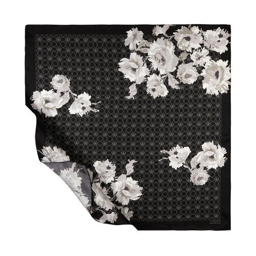 Black Peony Monogram Print Silk Twill Scarf