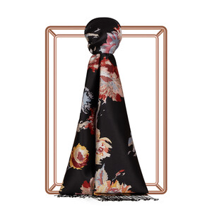 Black Peony Print Silk Scarf - Thumbnail