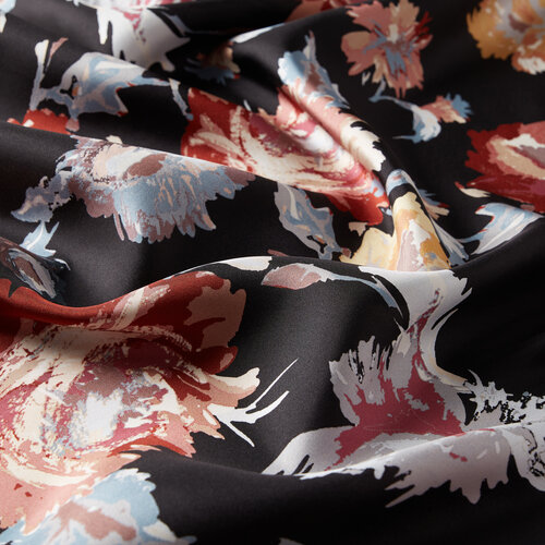 Black Peony Print Silk Twill Scarf