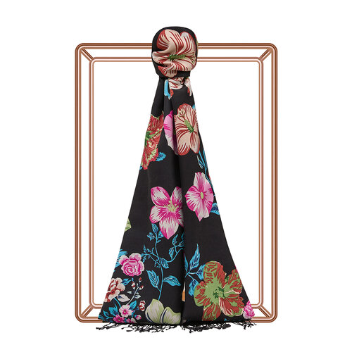 Black Petunia Print Silk Scarf