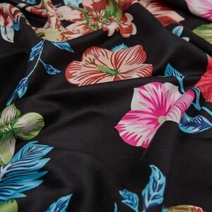 Black Petunia Print Silk Scarf - Thumbnail