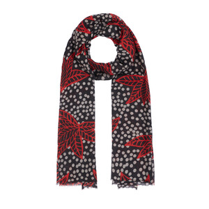 Black Polka Leaf Wool Silk Scarf - Thumbnail