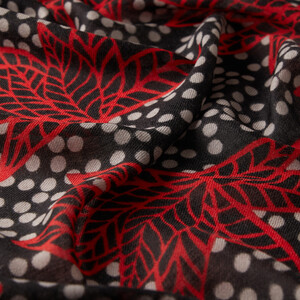 Black Polka Leaf Wool Silk Scarf - Thumbnail