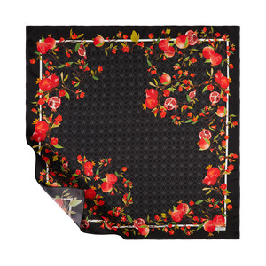 Black Pomegranate Flower Monogram Print Silk Twill Scarf - Thumbnail