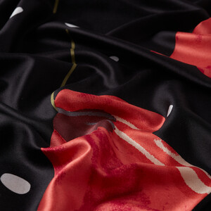 Black Poppy Table Pattern Silk Shawl - Thumbnail