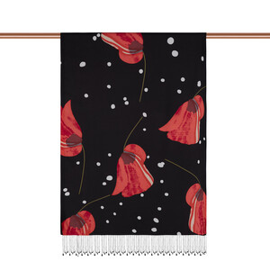 Black Poppy Table Pattern Silk Shawl - Thumbnail