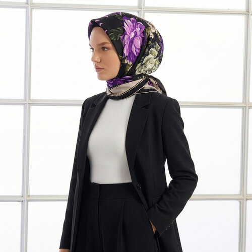 Black Purple Garden Of Eden Twill Silk Scarf