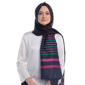 Black Purple Thin Meridian Striped Silk Scarf - Thumbnail