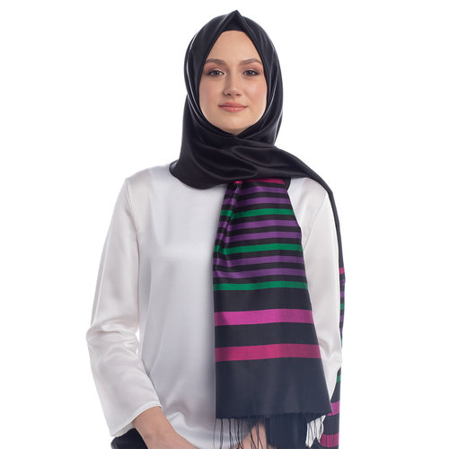 Black Purple Thin Meridian Striped Silk Scarf