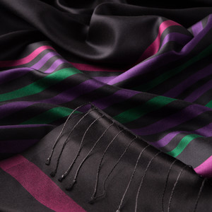 Black Purple Thin Meridian Striped Silk Scarf - Thumbnail