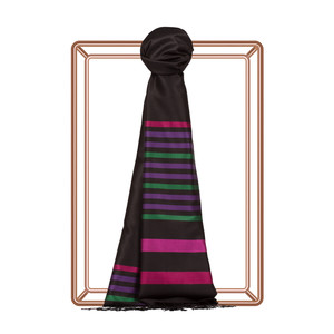 Black Purple Thin Meridian Striped Silk Scarf - Thumbnail