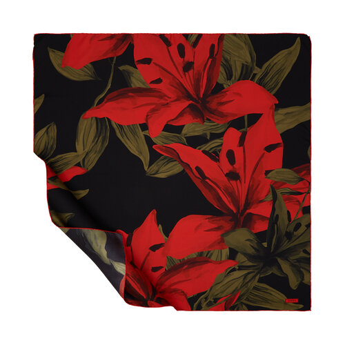 Black Red Lillium Patterned Twill Silk Scarf