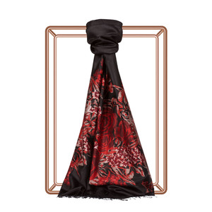 Black Red Palace Garden Print Silk Scarf - Thumbnail