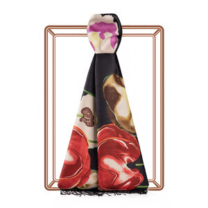 Black Red Poppy Print Silk Scarf - Thumbnail