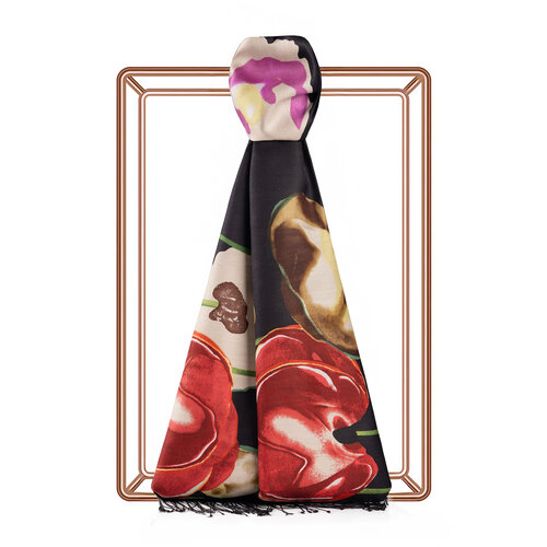 Black Red Poppy Print Silk Scarf
