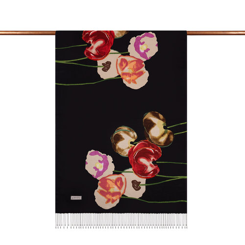 Black Red Poppy Print Silk Scarf