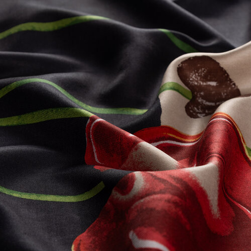 Black Red Poppy Print Silk Scarf