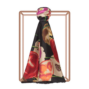 Black Red Poppy Print Silk Scarf - Thumbnail