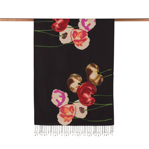 ipekevi - Black Red Poppy Print Silk Scarf (1)