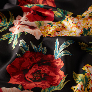 Black Red Summer Bouquet Print Silk Scarf - Thumbnail