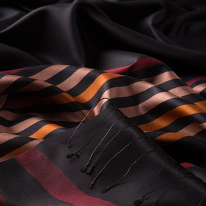 Black Red Thin Meridian Striped Silk Scarf - Thumbnail