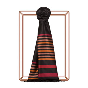 Black Red Thin Meridian Striped Silk Scarf - Thumbnail