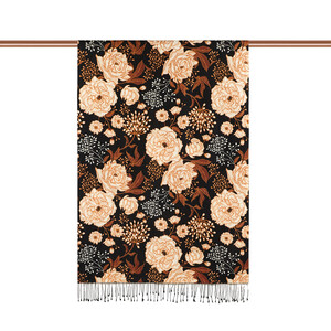 Black Rosa Patterned Twill Silk Scarf - Thumbnail