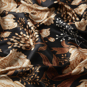 Black Rosa Patterned Twill Silk Scarf - Thumbnail