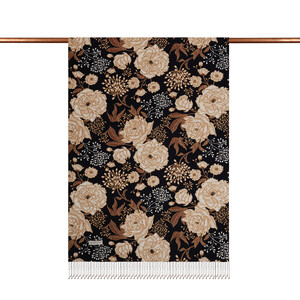 Black Rosa Patterned Twill Silk Scarf - Thumbnail