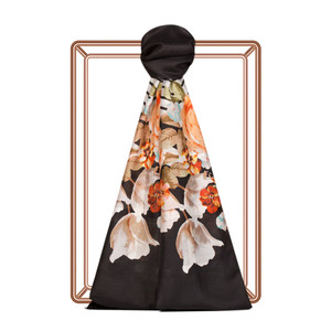 Black Rose Basket Print Satin Silk Scarf - Thumbnail