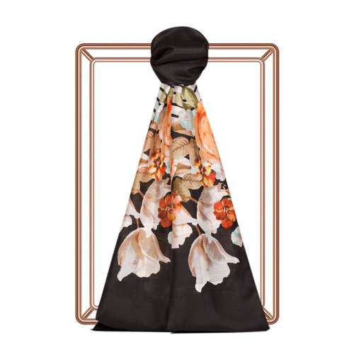 Black Rose Basket Print Satin Silk Scarf