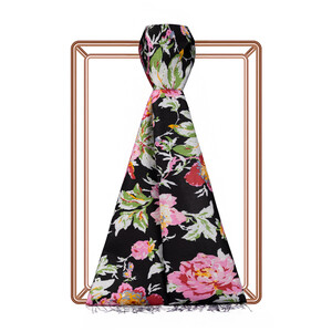 Black Rose Bloom Print Silk Scarf - Thumbnail