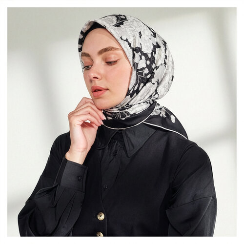 Black Sakura Print Silk Twill Scarf