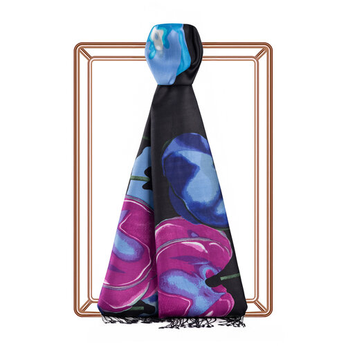 Black Sax Blue Poppy Print Silk Scarf