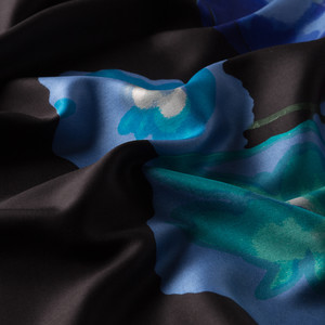 Black Sax Blue Poppy Print Silk Scarf - Thumbnail