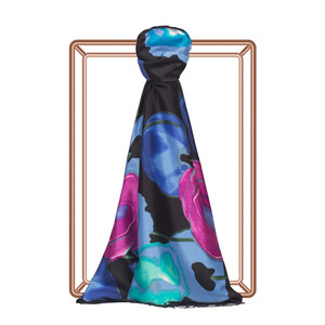 Black Sax Blue Poppy Print Silk Scarf - Thumbnail