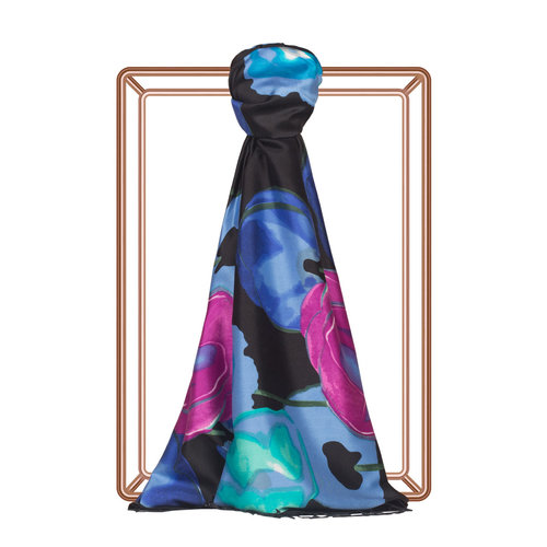 Black Sax Blue Poppy Print Silk Scarf