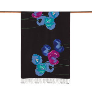 Black Sax Blue Poppy Print Silk Scarf - Thumbnail