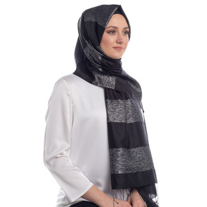 Black Silver Block Lurex Striped Silk Scarf - Thumbnail