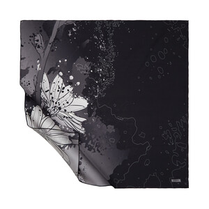 Black Silver Floral Glow Patterned Twill Silk Scarf - Thumbnail