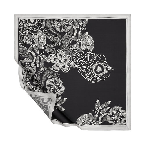 Black Silver Linear Botany Twill Silk Scarf