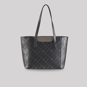 Black Silver Monogram Pocket Detailed Tote Bag - Thumbnail