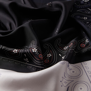 Black Silver Patchwork Patterned Twill Silk Scarf - Thumbnail