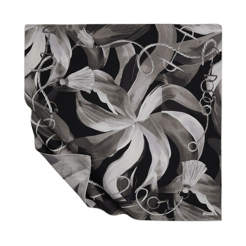 Black Silver Swirling Petals Twill Silk Scarf
