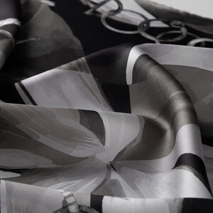 ipekevi - Black Silver Swirling Petals Twill Silk Scarf (1)