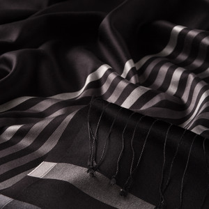Black Silver Thin Meridian Striped Silk Scarf - Thumbnail