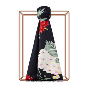 Black Siona Print Silk Shawl - Thumbnail